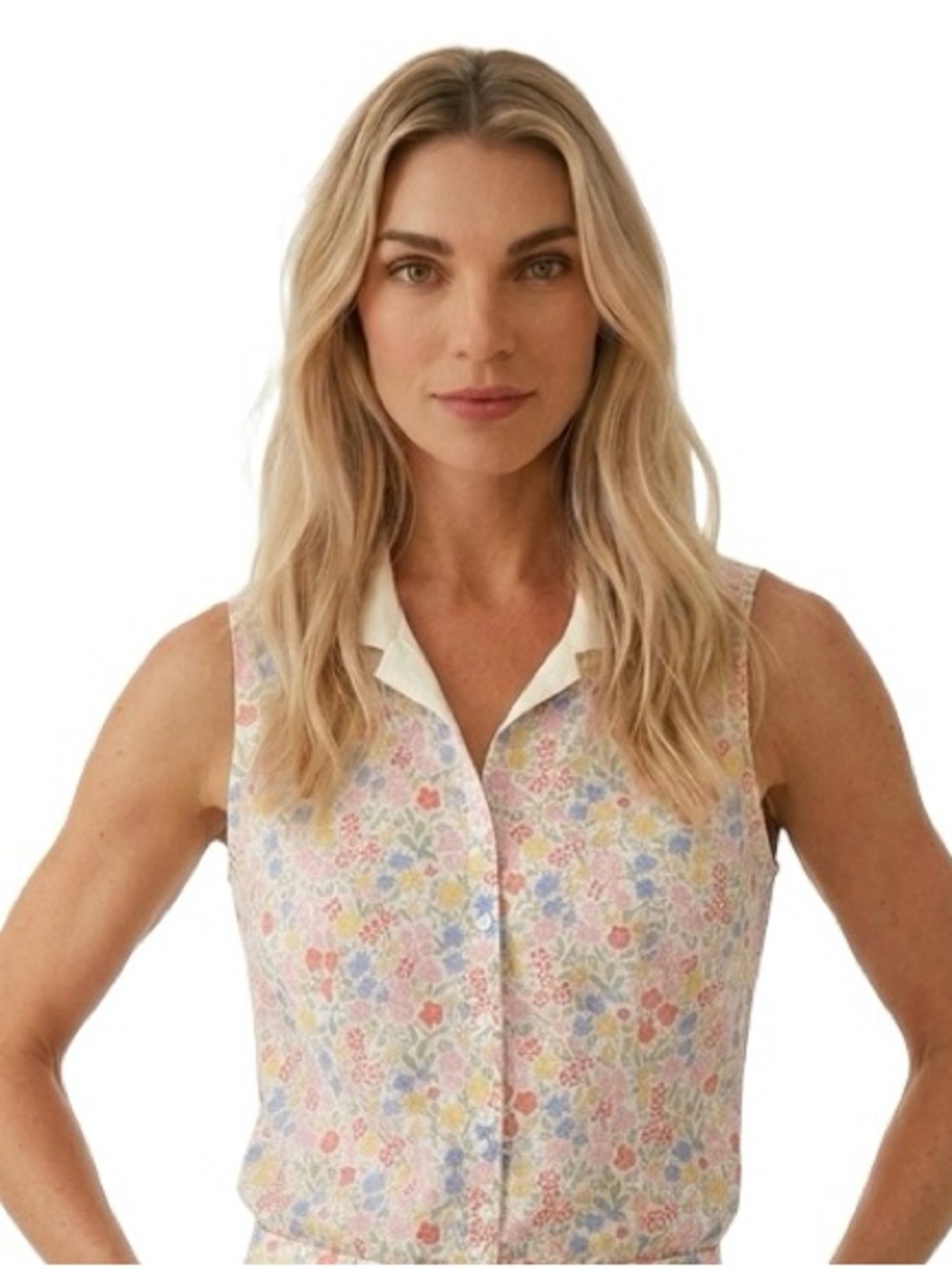 Talbots Sleeveless Floral Button-Up Top in Pastel Multi